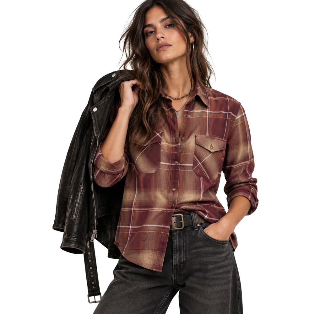 Dixxon Flannel Company Cabernet D-Tech Plaid Button Down Shirt Womens Large